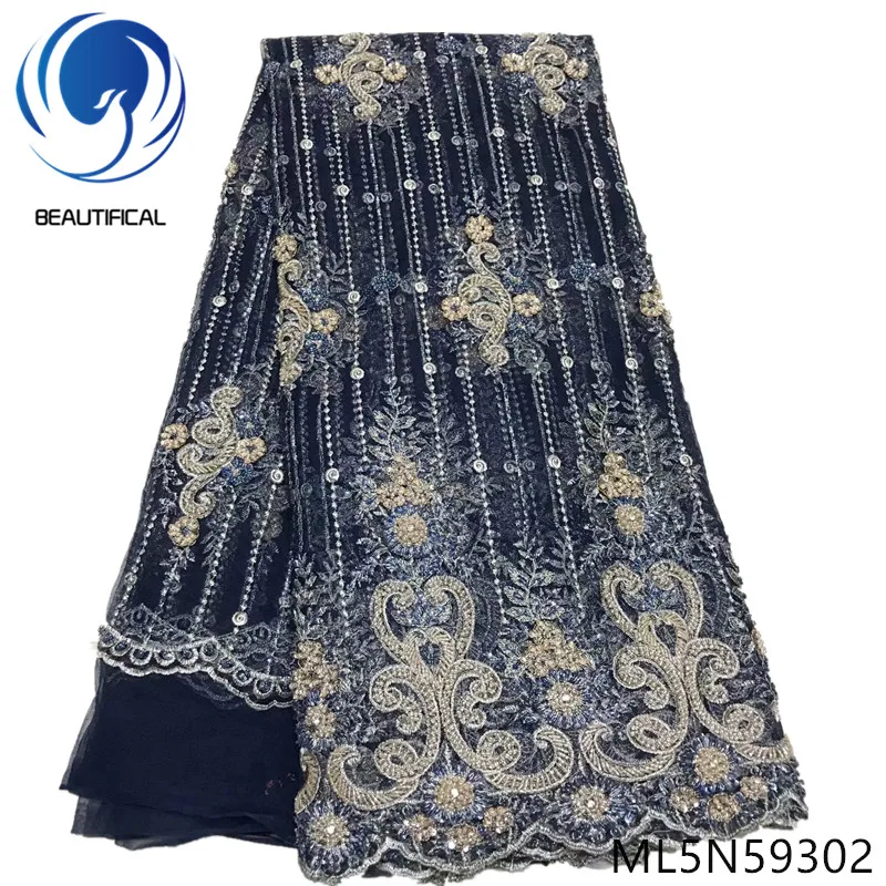 

Beautifical nigerian fabrics laces 2019 New handcrafted beaded with sequins french net lace fabric for dress 5yards/lot ML5N593