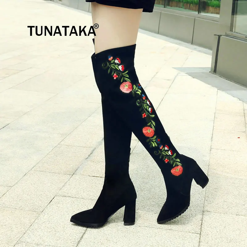 

Women New Thigh Boots Fashion Zipper Winter Elastic Boots Comfortable Low Heel Ethnic Embroider Over The Knee Boots Black