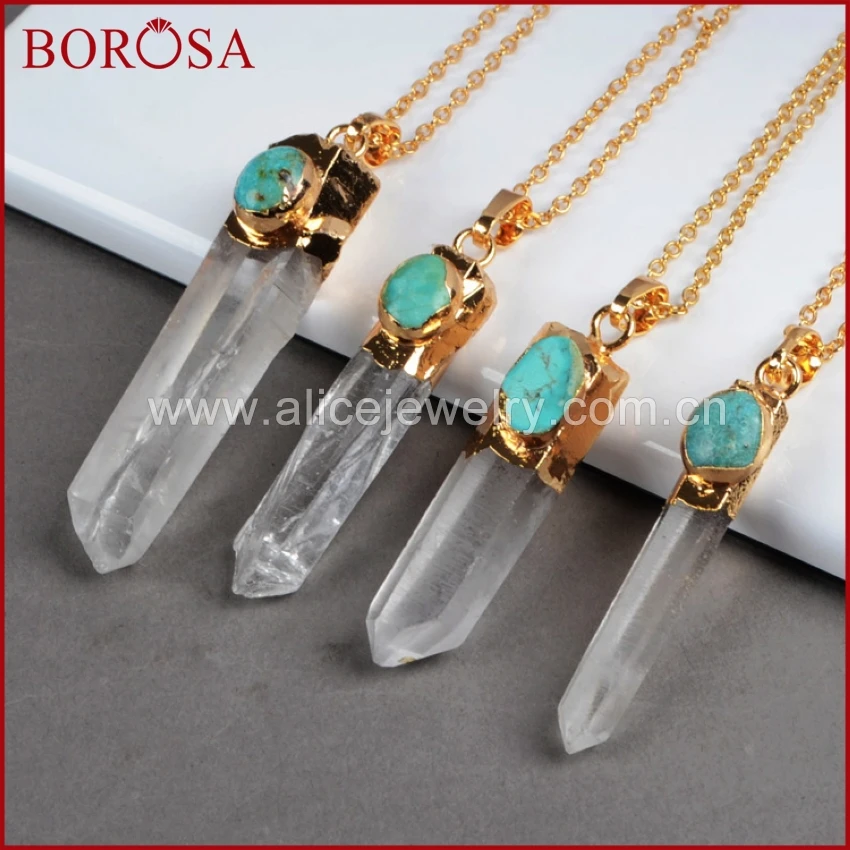 

BOROSA Cluster Aura Quartz Crystal Point Pendant Bead & 100% Natural Blue Stone Druzy Gold Color White Quartz G0156