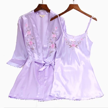 

Women's Twinset Embroider Flower Robe Sets Sexy Rayon Kimono Gown Casual Nightdress Bathrobe Nightgown Spaghetti Strap Negligee
