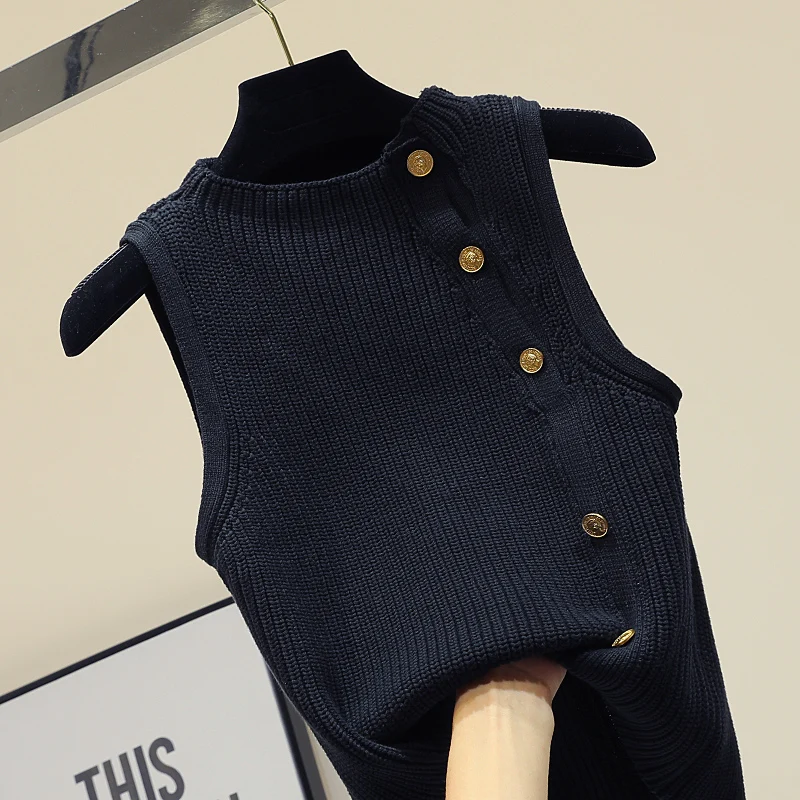 

Korean Style Slim Black Single Breasted Knitted Vest 2018 Summer Autumn Woman New Style Metal Button Sleeveless Sweater Cardigan