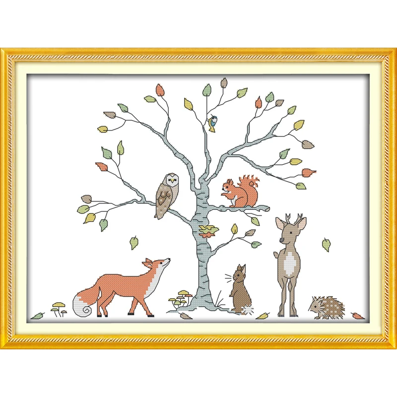 

The tree and animals cartoon handmade cross stitch printed on canvas picture wall art decor DIY embroidery set pattern 14ct 11ct