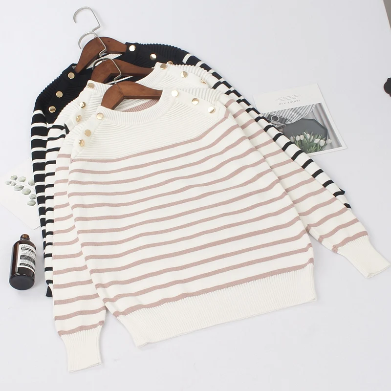 

BYGOUBY Striped Women Sweater Spring Autumn Loose Casual Jumper Top Outwear Knitted Female Pullover and Sweater