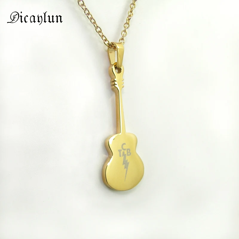 

DICAYLUN Elvis Presley Guitar Memarial Pendant Necklace Gold Stainless Steel Jewelry White Engraved TCB Lightning the King Gifts