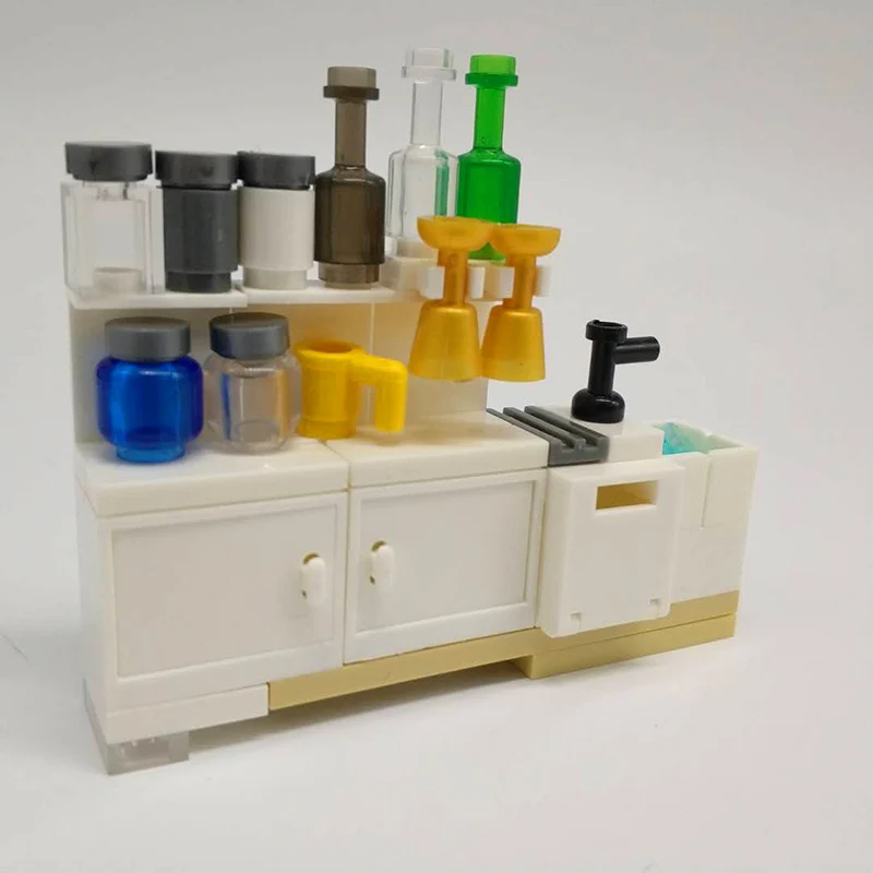 

City Series DIY Mini Kitchen Cabinet Model Brick Bottle with Cup Building Blocks Kitchenware Accessories Brick Toys for Children