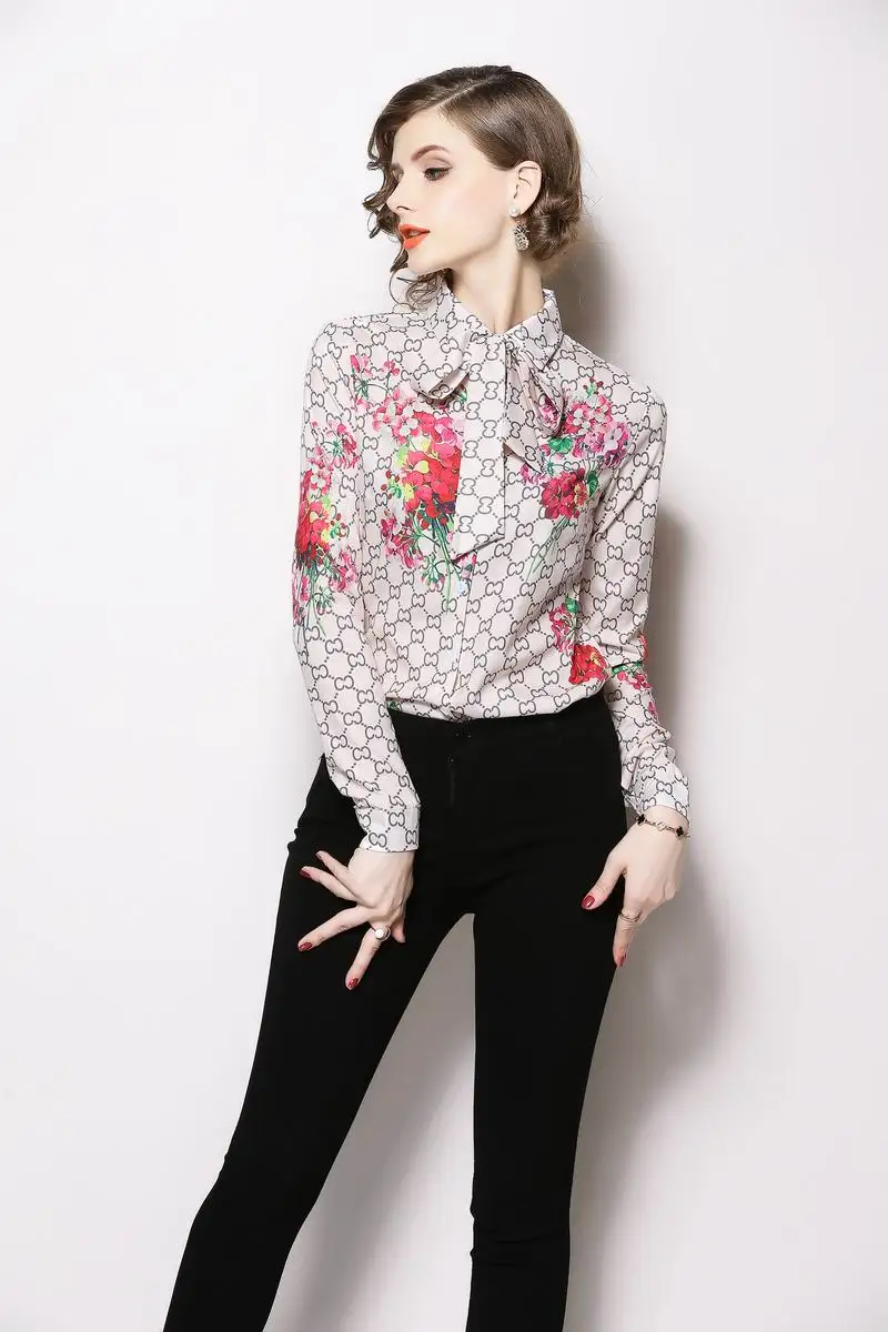 Elegant Office Lady Turn Down Collar Tied Neck Floral Geometric Printing Blouse Spring Women Button Loose Tops And Blouses