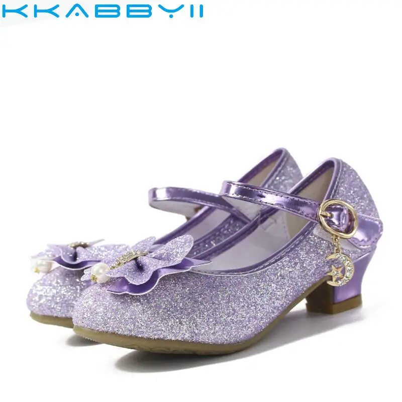 Glitter Children Girls High heel Shoes For Kids Princess Sandals Bowtie