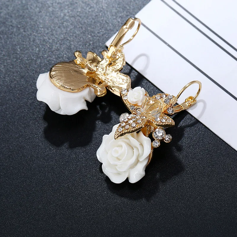 Wedding Romantic Fashion Jewelry Women Crystal Butterfly Resin Rose Flower Drop Earring Girls Boho Ethnic Bridal Dangle Earrings