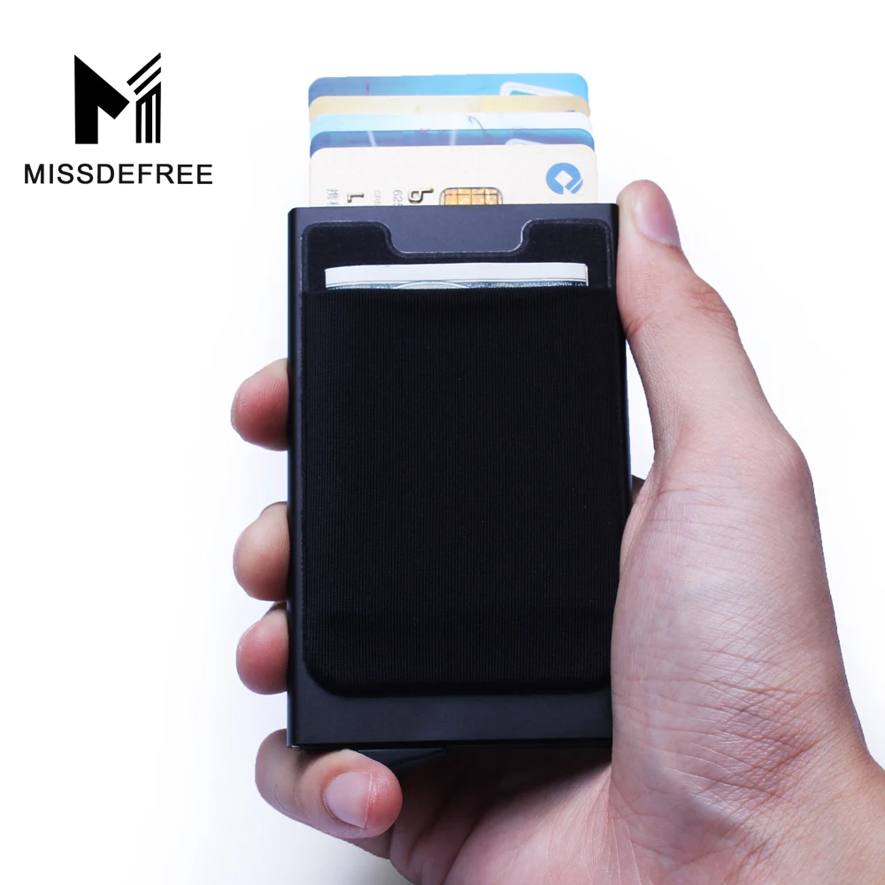 Алюминий бумажник с заднего кармана ID Card Holder RFID Блокировка мини-тонкий металлический кошелек автоматические всплывающие Дело Кредитная карта протектор