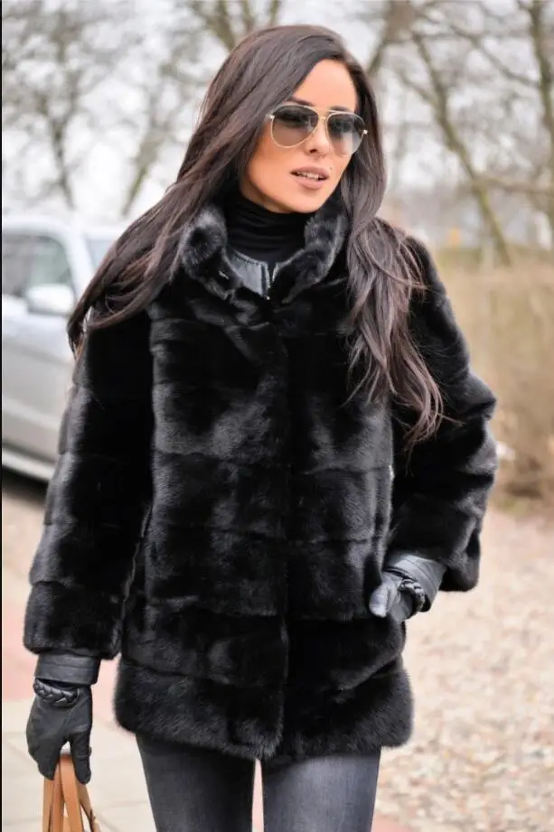 Furealux стиль модные пальто с мехом натурального меха норки Стенд воротник хорошее качество норковая шуба Для женщин натуральное черное пальто из mlnk - Цвет: Black