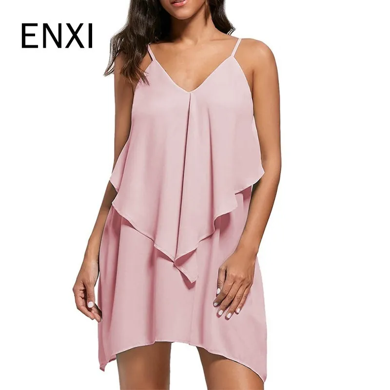 

ENXI Women Maternity Dress Fashion Solid V Neck Pregnant Dress Sleeveless Ruffle Dresses For Women Premama Embarazadas