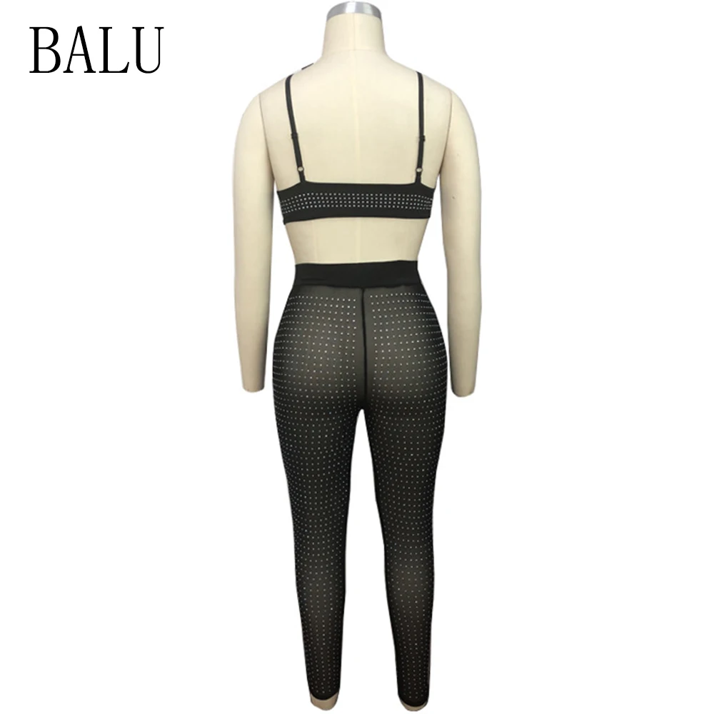 BALU 2 Piece Set Spaghetti Strap Mesh Rompers Womens Jumpsuit Sexy Rhinestone See Trough Sleeveless Backless Overalls