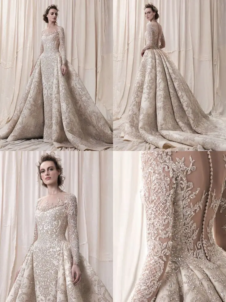 

2 In 1 Luxurious Long Sleeves Lace Wedding Dress Full Beading And Crystals High Quality Back With Buttons Sexy Wedding Dresses