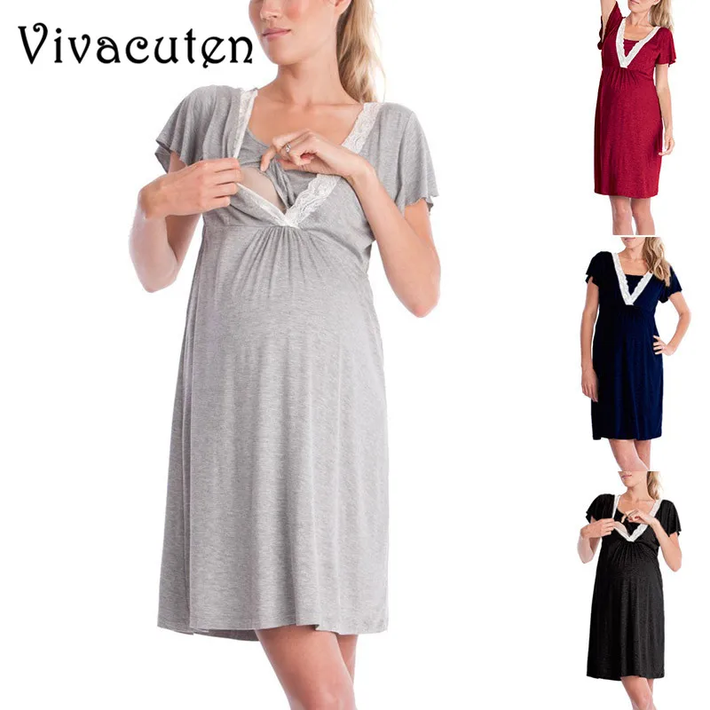 Summer Casual Pregnancy Dress Lace Maternity Sleepwear Nursing Dress