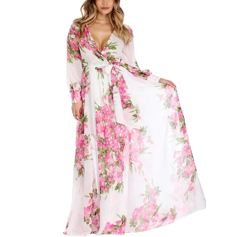 2017 Women's Sexy Deep V-neck Floral Printed Chiffon Elastic Waist Tie Wrapped Maxi Beach Dress Long Sleeved Wrap Dress Aug23 long-floral-maxi : image 2017 Women's Sexy Deep V-neck Floral Printed Chiffon Elastic Waist Tie Wrapped Maxi Beach Dress Long Sleeved Wrap Dress Aug23 long-floral-maxi