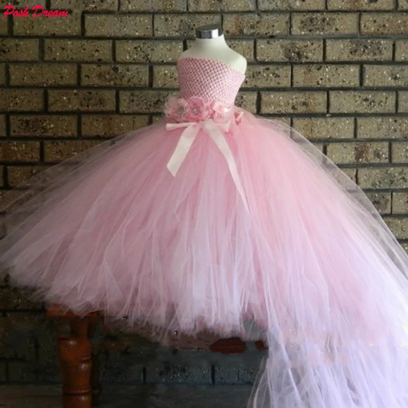 POSH DREAM Pink Flower Girls Wedding Dress with Long Train Belt Kids Birthday Party Tutu Dresses Clothes | Детская одежда и обувь