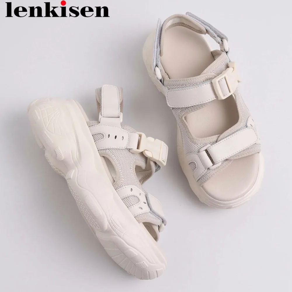 

Lenkisen new arrival vintage retro hook&loop design handsome girl pretty modern girls streetwear med bottom peep toe sandals L58