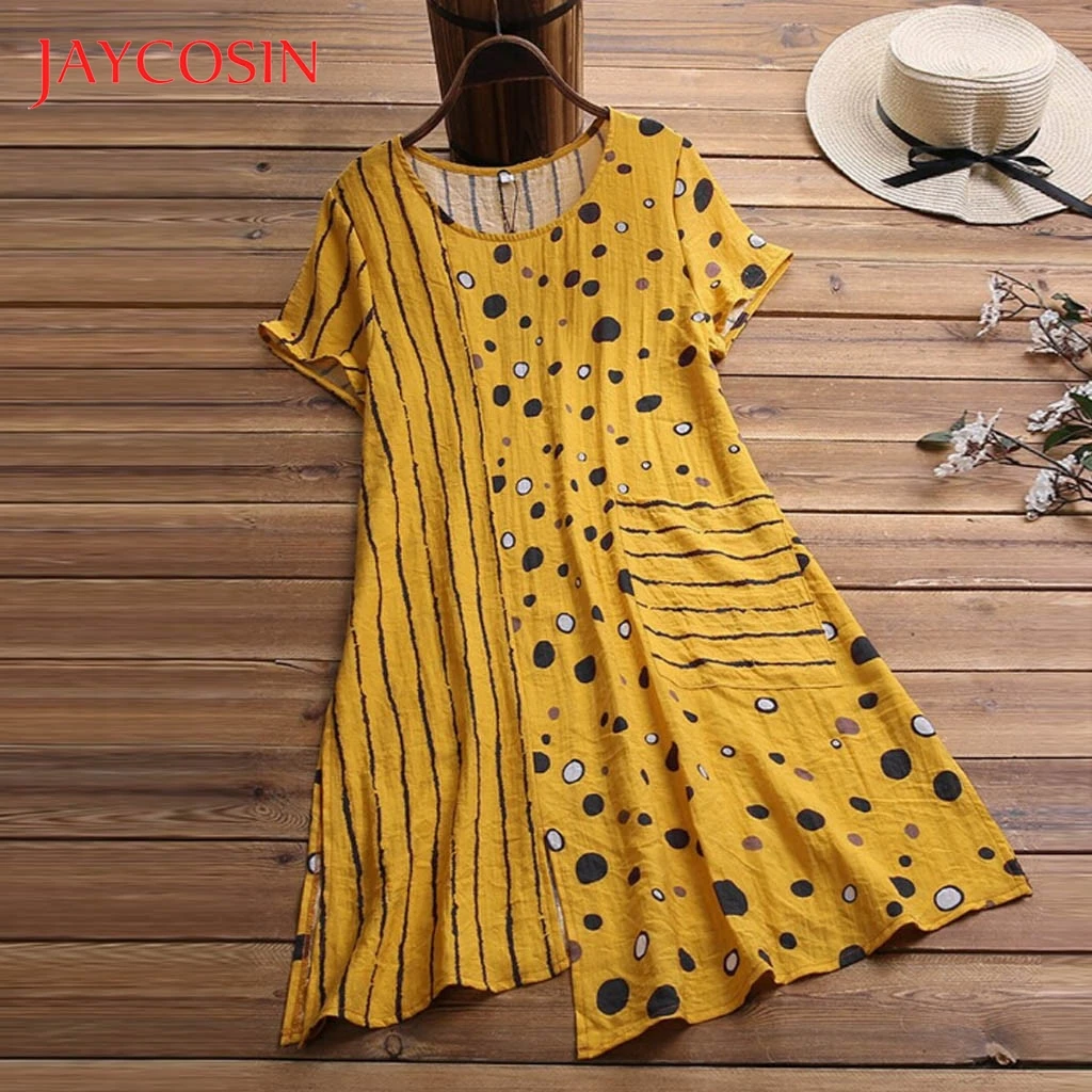 

JAYCOSIN 5XL Dress Women Boho Summer Dress Plus Size Cotton And Linen O-Neck Dot Print Short Sleeve Dress easy vintage vestidos