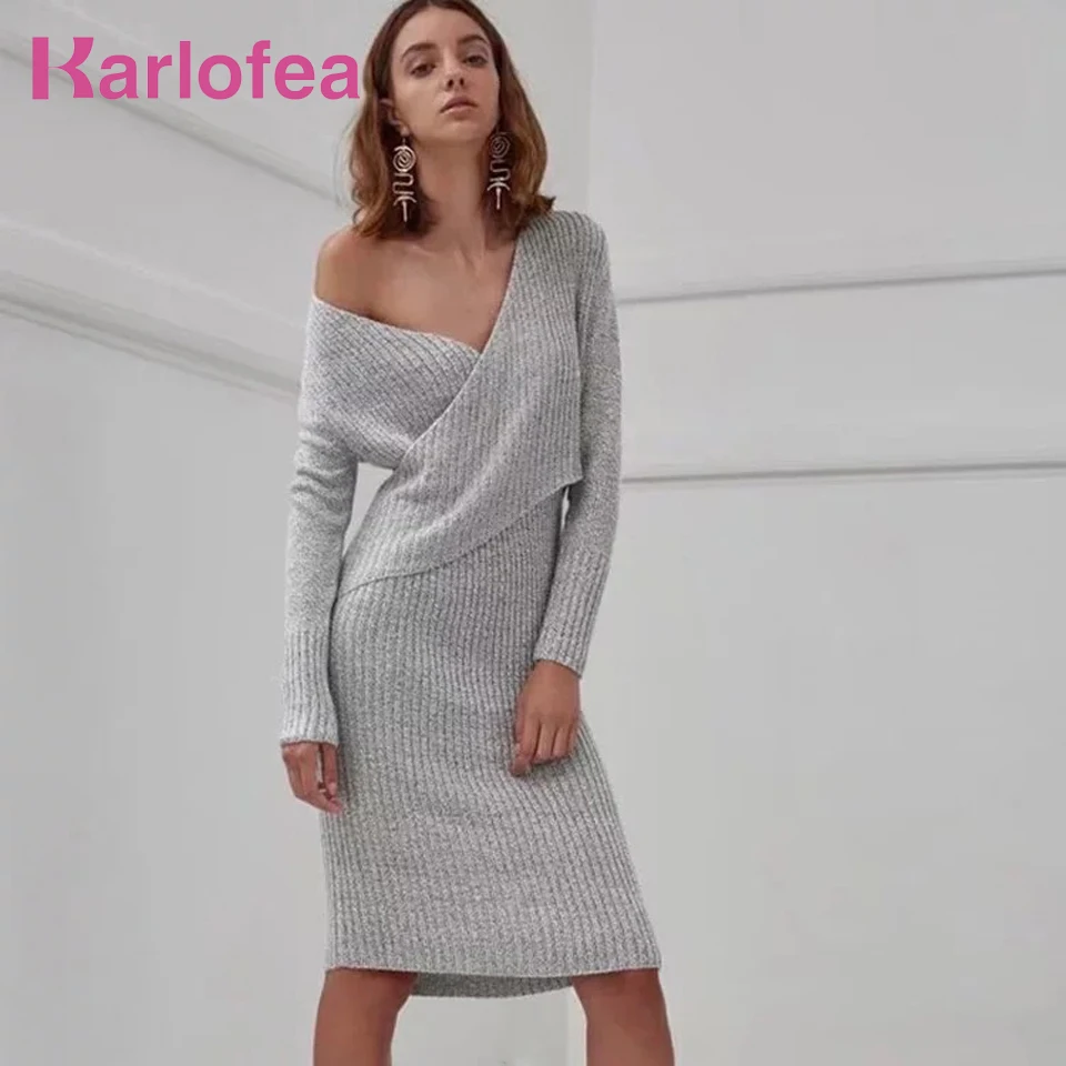 

Karlofea New Arrival Autumn Knitted Midi Dress For Women Fashion V Neck Off Shoulder Long Sleeve Wrap Casual Outfits Daily Cloth