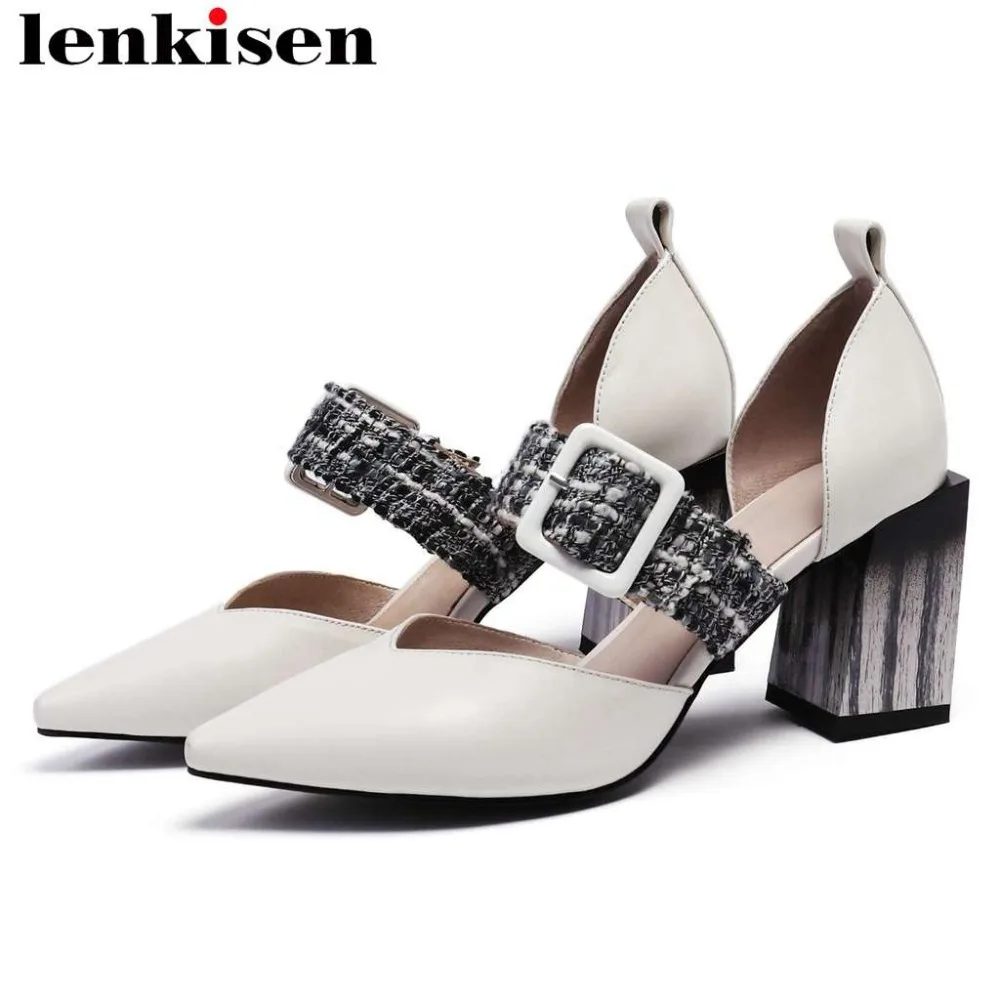 

2019 European style thick high heels pointed toe hollow women pumps office lady large size natural leather clubwear shoes L0f2