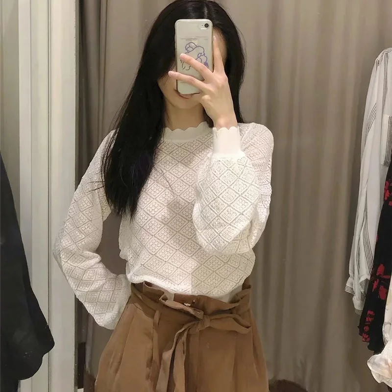 

Spring Fashion Women's Knitted Fabric Short Sweater Solid Wild Long Sleeve Knitted Women Hollow Thin Pullover Sweaters