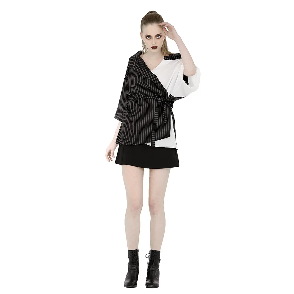 Street Wear Women's Shirts Black Striped with White Long Shirts Casual Chic Shirts Sexy Loose Shoulder Shirt