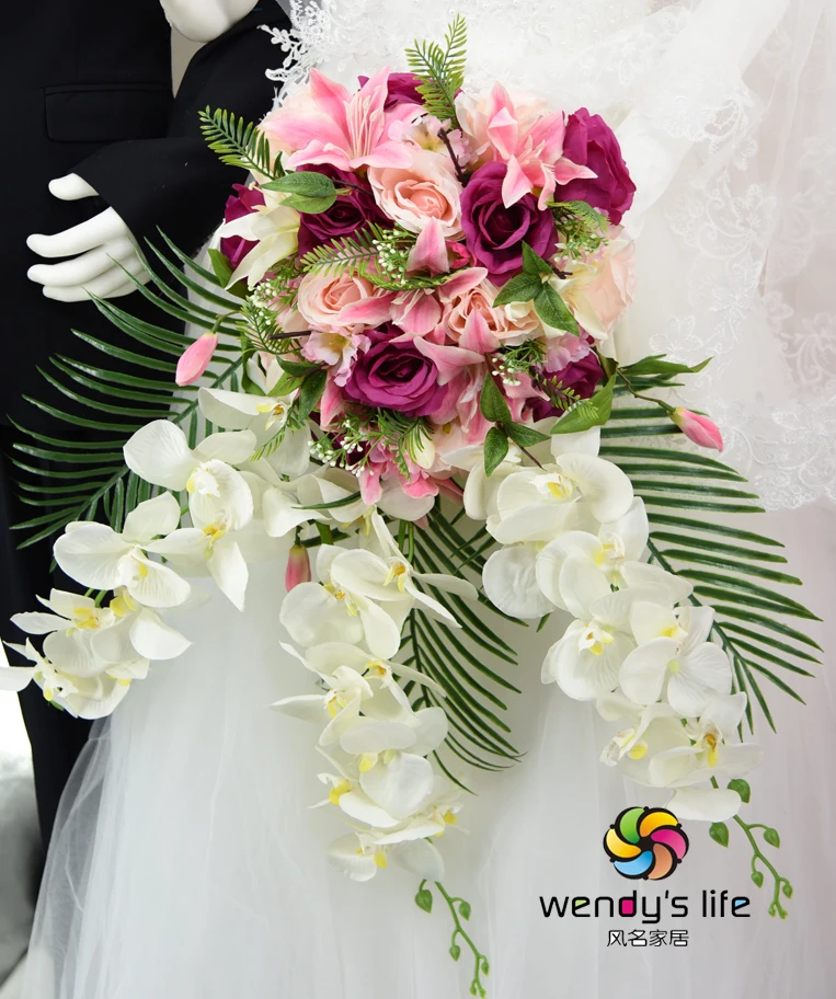 

Handmade New Waterfall Style Wedding Bouquet Bridal Bridesmaid Floral Artificial Flowers Bride Hand Holding Bouquets