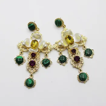

Vintage Palace Brand Jewelry Baroque Big Cross Leaves Earrings For Women Pendientes Mujer Green Resin Beads Gifts 412
