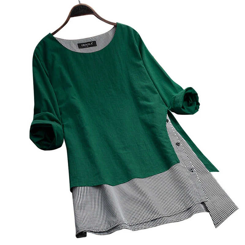 Linen Fake Two Pieces Shirt Dress Woman Casual Long Sleeve Dresses Lady Irregular Pullovers Dress Women Plus Size Blouse Dresses