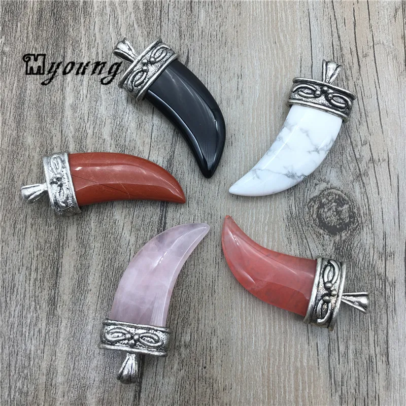 

Gem Stones Horn Pendant white howlite Onyx Agates Pink crystal horn pendant with Engraved Silver Toned Cap MY1430