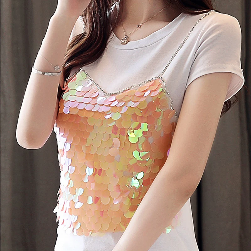 

O-Neck Women Shirt 2019 Summer New Sequins Stitching Shirt Short Sleeve Blouse Women's Tops Casual Splice Sling White shirt 80C7