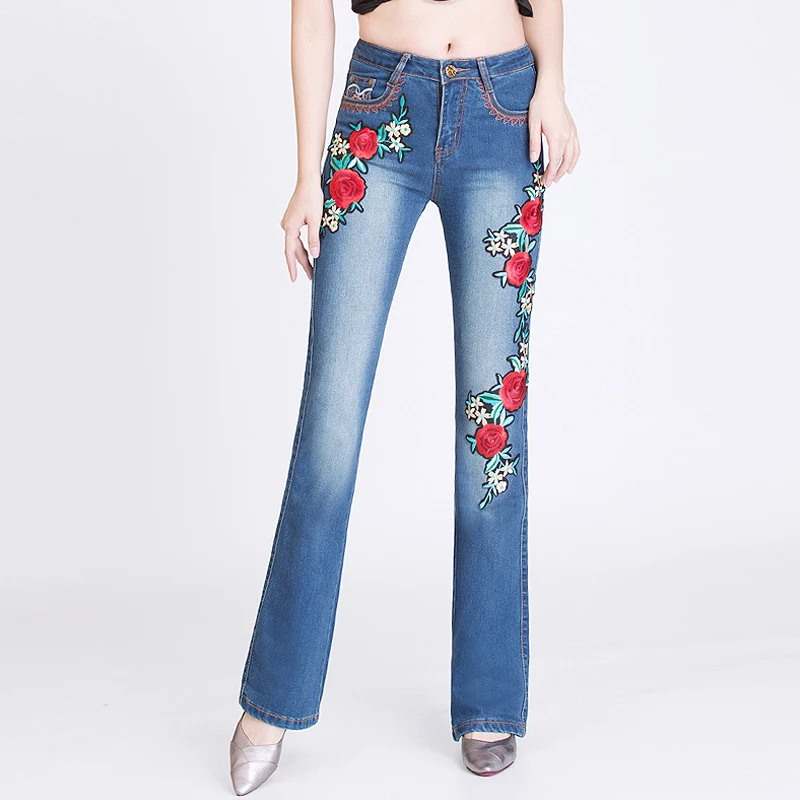 Autumn Spring Casual Women Embroidery Stretch Flower Flare