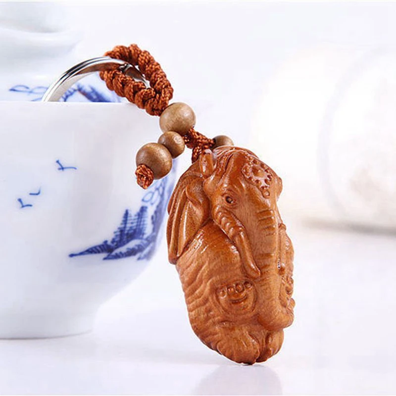 

1PC Elephant God Ganesha Statue Rosewood Wood 3D Carving Sculpture Pendant Key Chain Auspicious Ruyi Key Ring ZXY9549