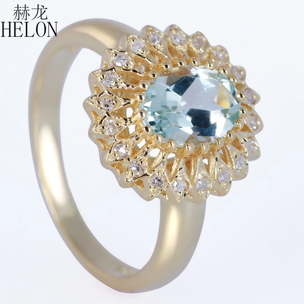 

HELON Oval Cut 8x6mm Aquamarine Gemstone Jewelry Ring Solid 10K Yellow Gold Natural Diamonds Engagement Wedding Cocktail Ring