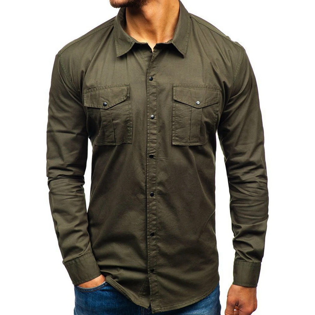 Plus Size Casual Men Pockets Shirt New Fashion Long Sleeve Solid Shirts Spring Autumn Vintage Army Green Military Shirt - Цвет: Army Green