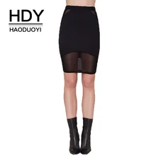 HDY Haoduoyi однотонные черные сексуальные шовные прозрачные сетчатые мини юбки с высокой талией, из лоскутов эластичные женские Облегающие юбки-карандаш женские пуговицы