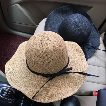 

HT1694 High Quality Straw Hat Fashion Women Summer Hat Elegant Solid Packable Beach Sun Hat Ladies Ribbon Bow Panama Floppy Hat