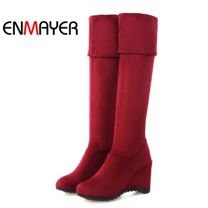 

ENMAYER Stretch Fabric Over-the-Knee Boots Shoes New Wedges Fashion Round Toe High Boots 4 color Winter Long Boots Shoes Women