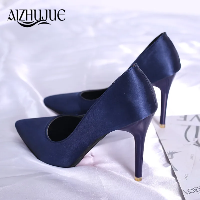 

Women Pumps High Heels Quality Silk Material Thin Point Toe Shoes All-Match Big Size Party Wedding Pumps