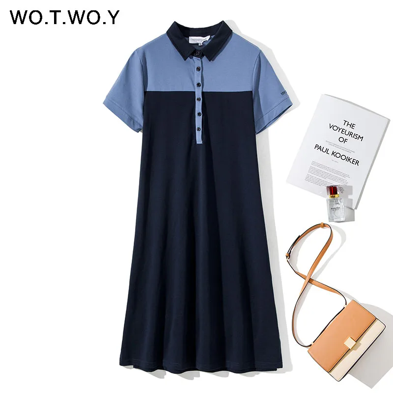 

WOTWOY 2019 Summer Polo Shirt Dresses Women Embroidery Plus Size M-3XL Loose Straight Dress Preppy Style Blue Midi Split Dress