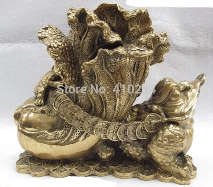 

$GANG $ Chinese Folk Copper Bronze Feng shui Lucky Wealth Three-legged Toad Pull cabbage Statue Statue