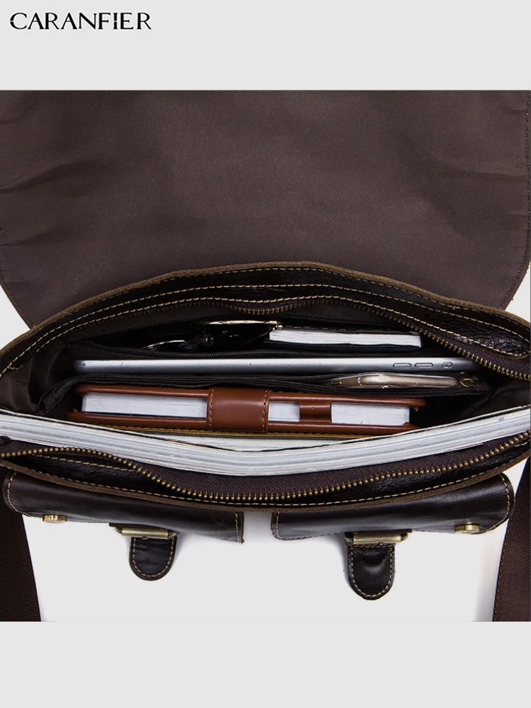 CARANFIER رجل حقائب الصلبة حقيبة ساع الأعمال جلود الأبقار الأصلية حقائب كتف الذكور خمر سستة Crossbody أكياس