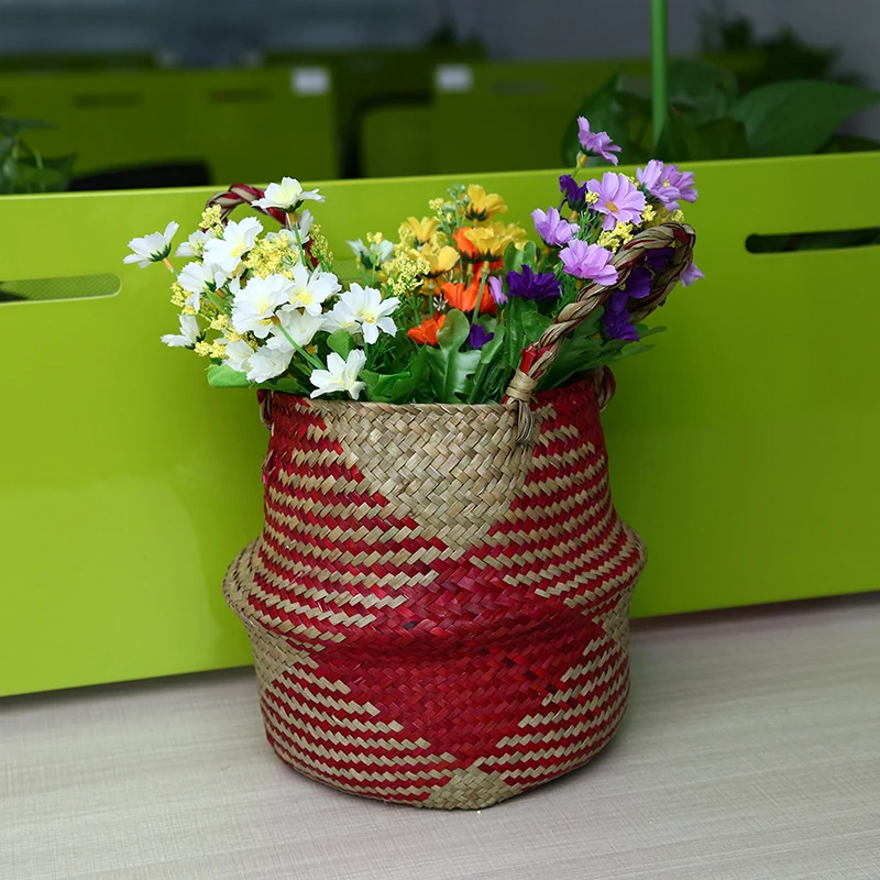 WCIC Rattan Belly Flower Basket Folding Wicker Baskets Garden Plant Pot