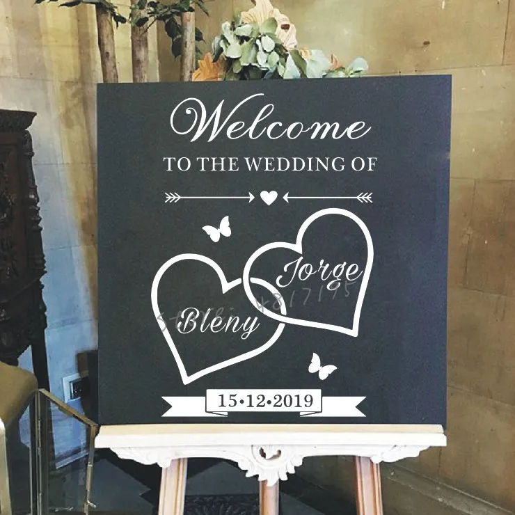 

Wedding Welcome Signage Vinyl Decal Mirror Wedding Sticker Murals Custom Names With Hearts Decal New Design Wedding Décor AZ836