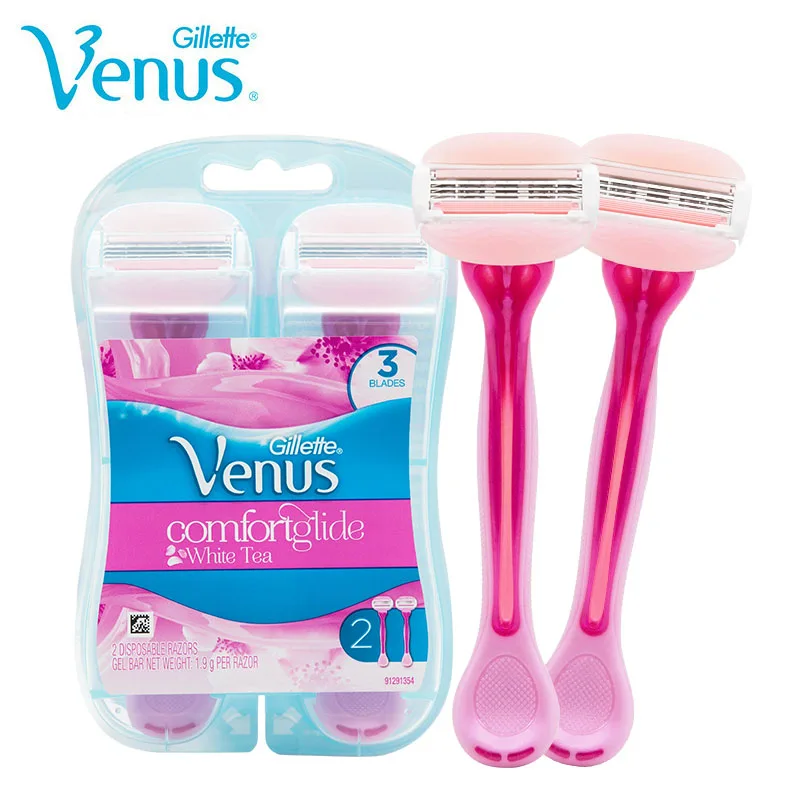 Gillette Venus Women Razor Comfortiglide White Tea Pink Lady Body Bikini Hair Removal 3 Layers Safe Razor Shaving Blades 2 Pcs