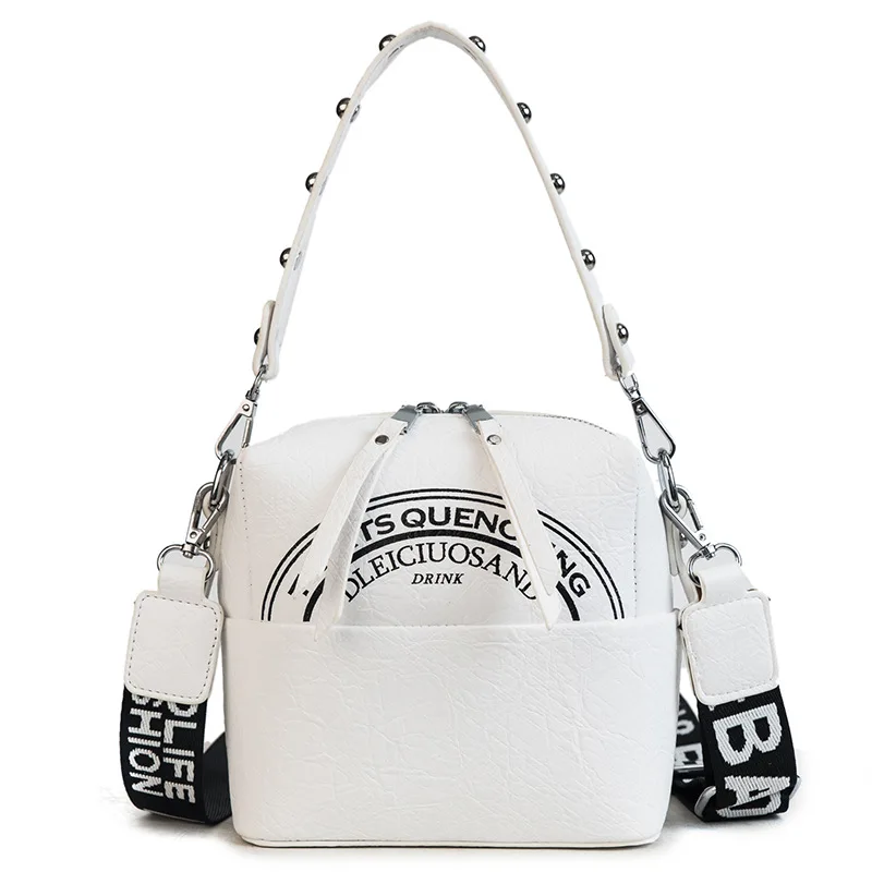 

CROWDALE Semicircle letter printing pattern women crossbody bag Rivet hand strap shoulder bag Cube pleated pu leather handbag