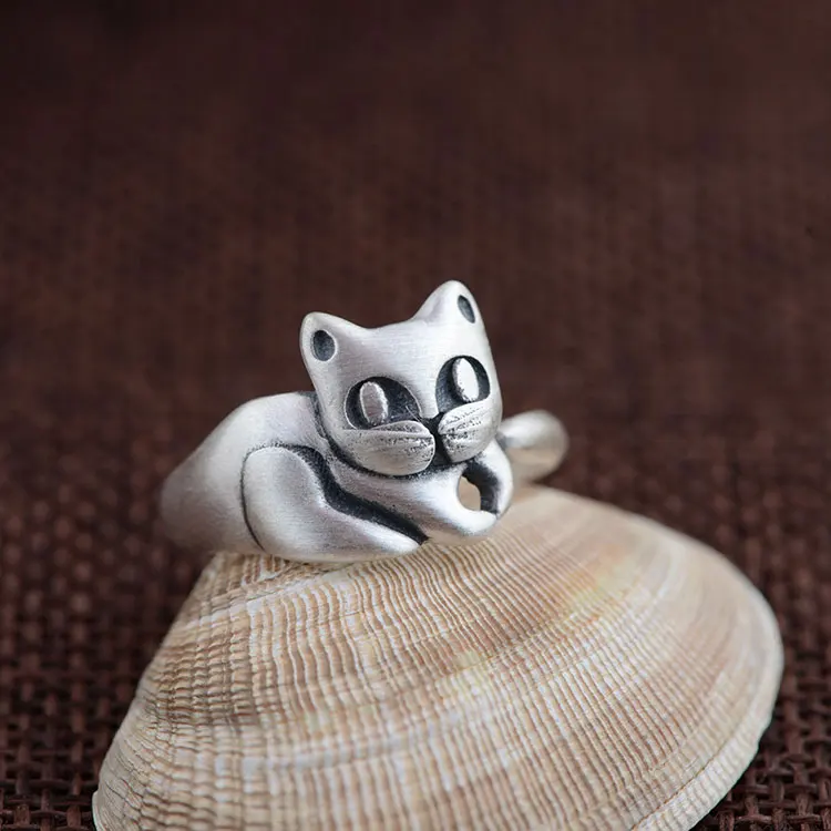925 пробы Серебряное кольцо с котом Настоящее S925 тайское Серебряное кольцо для женщин ювелирные изделия регулируемый размер
