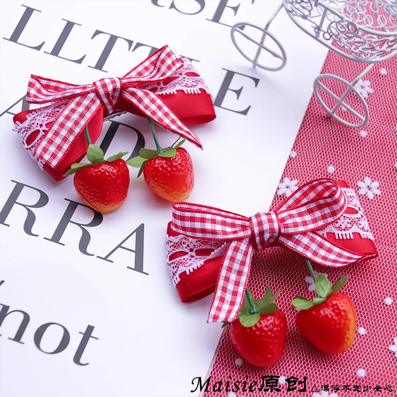 

Strawberry lace Lolita bowknot hairpin grid rural Japanese hair accessories