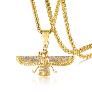 

Hip Hop Rhinestone Paved Bling Iced Out Iran Faravahar Ahura Mazda Zoroastrian Pendant Necklace Gold Stainless Steel Men Jewelry