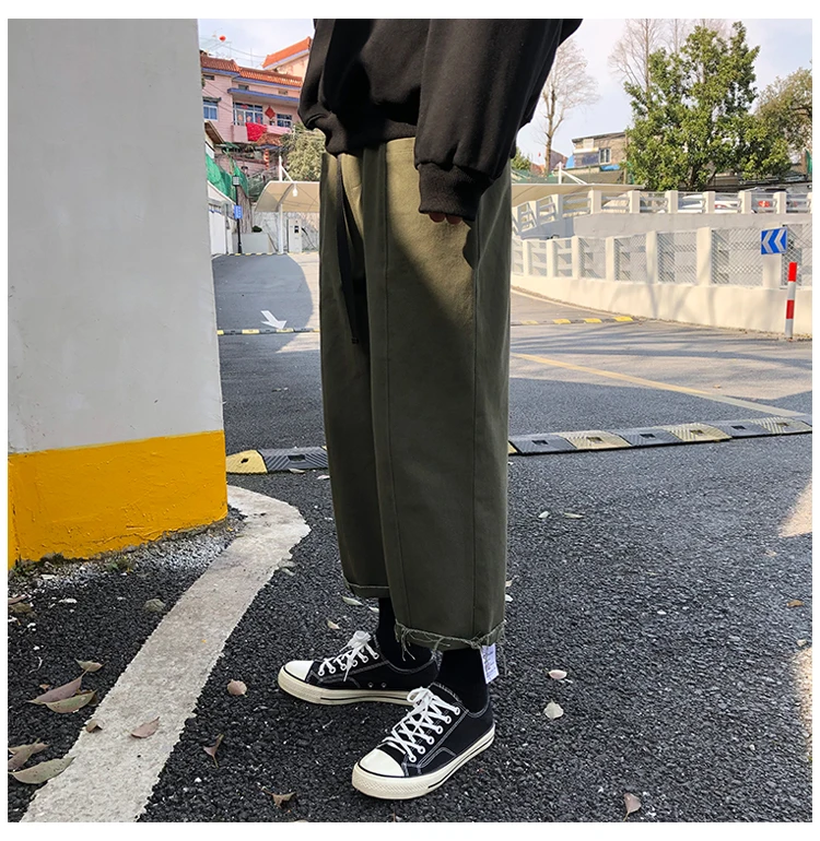 Весна и лето Японский Корейский тренд повседневная пара сплошной цвет свободные Молодежные мужские укороченные брюки уличная хип-хоп